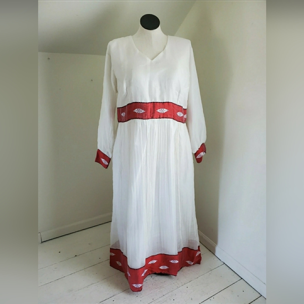 70s Vintage Gauzy Cotton Southwest Embroidered Long Sleeve Maxi Dress